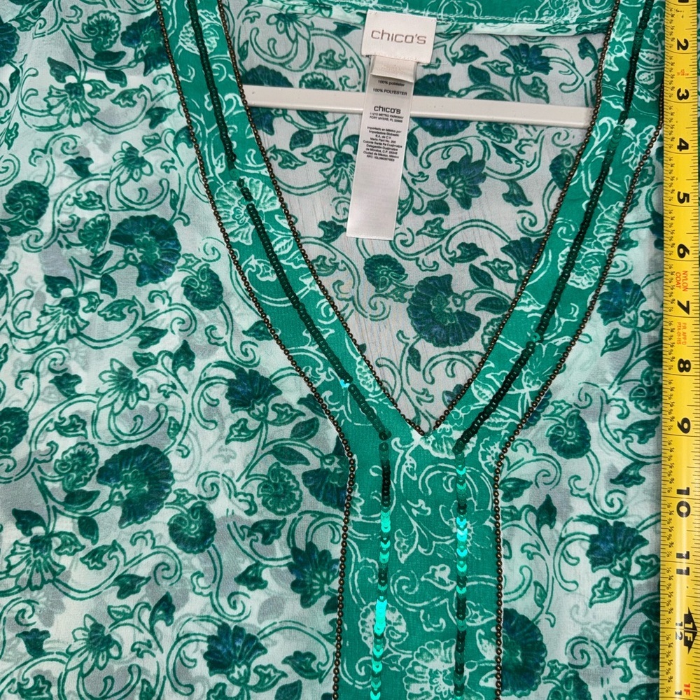 CHICO’S Size 1 Congo Floral Tunic Pullover Semi Sheer Top Green/ White Beaded - Picture 8 of 12